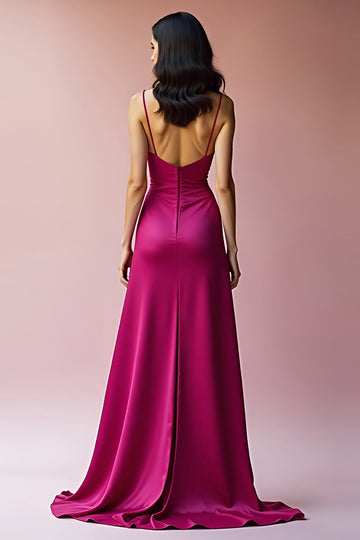Robe de bal longue ligne à bretelles spaghetti dos nu fuchsia avec fente